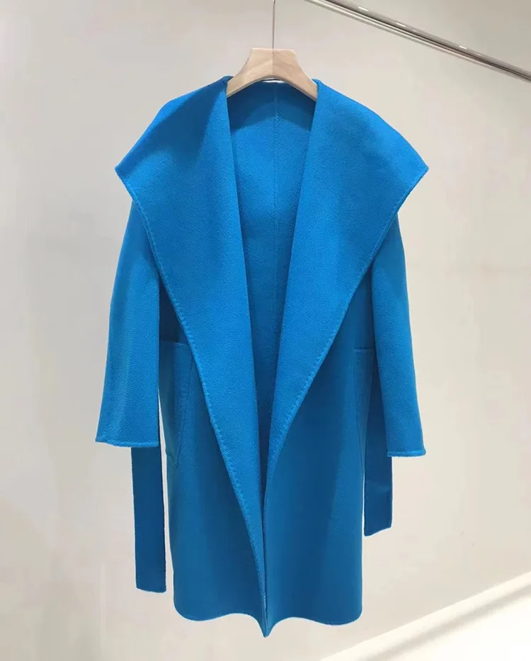 

Autumn Women Wide Laple Hooded Woolen Coats Regular Length Cashmere Long Coats Open Stitch Belt Winter Clothes Tops New