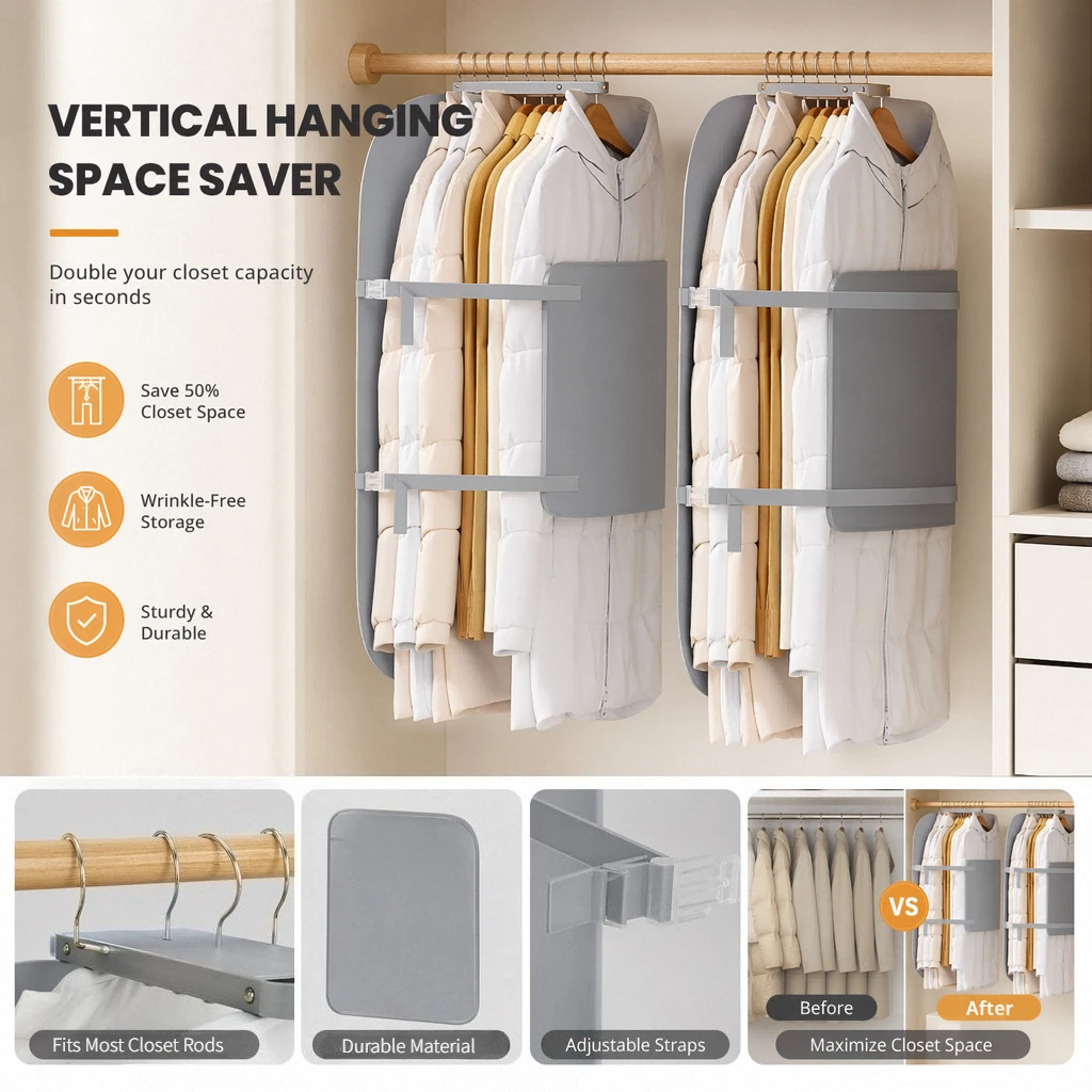 Dustproof Garment Press Board Down Jackets Compression Hanging Bag for Saving Closet Space 50% Clothing Coats Storage Organizer
