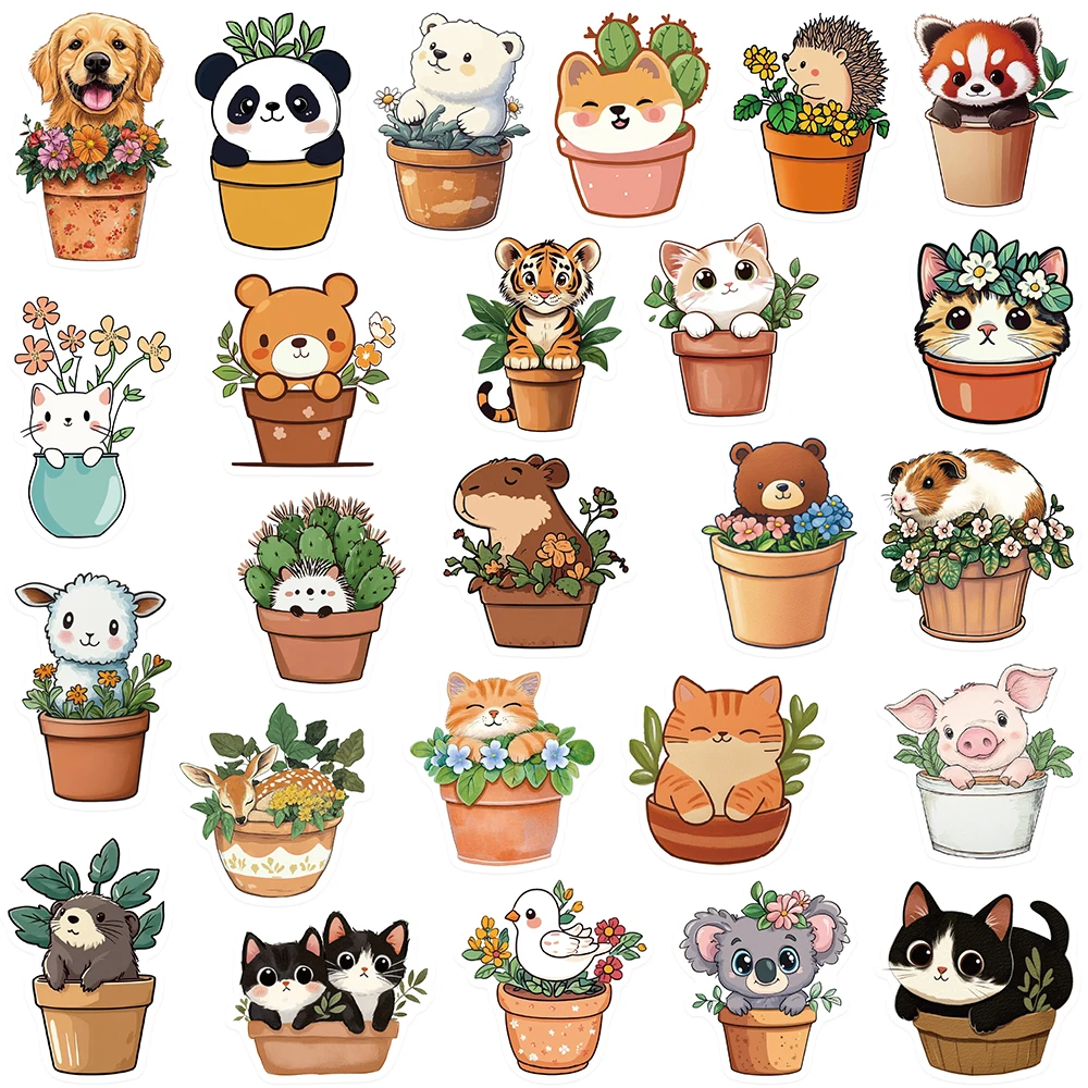 50pcs Cartoon Cute Flower Pot Animals Stickers Decals For Phone Scrapbook Luggage Guitar DIY Aesthetic Stickers Creative Gifts