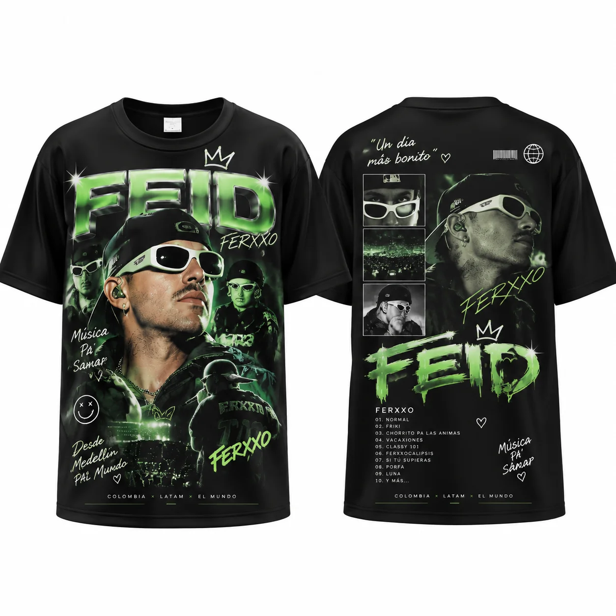 Feid Ferxxo Double Sided Graphic T Shirt Unisex Oversized Short Sleeve Medellin Colombia Reggaeton Music Fans Tee