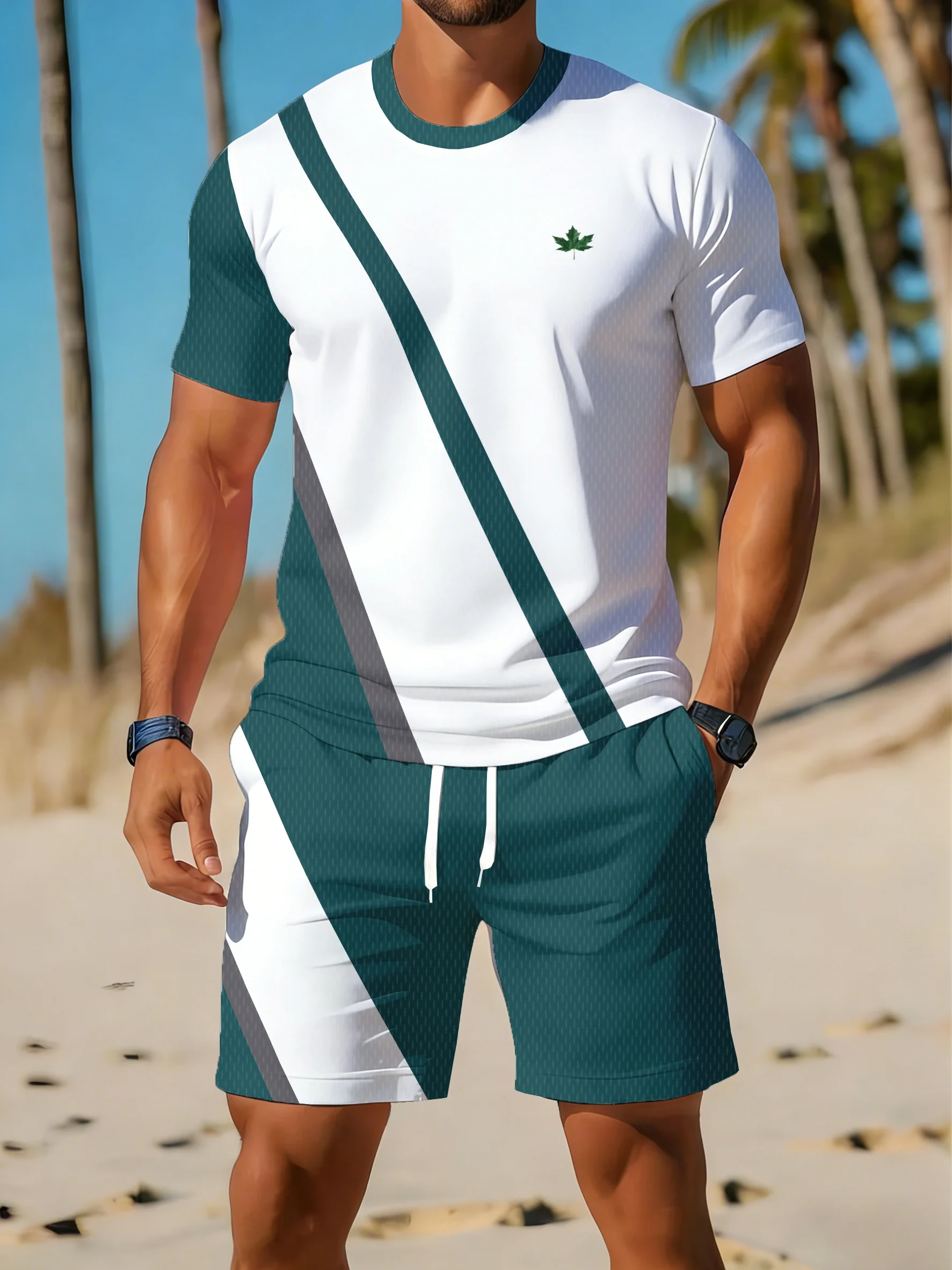 Lässige Plus-Size-Herrenbekleidung Sommer Lockeres Strand-T-Shirt Shorts 2-teiliges Set Gestreiftes O-Neck Kurzarm-Shirt Shorts-Set mit Kordelzug