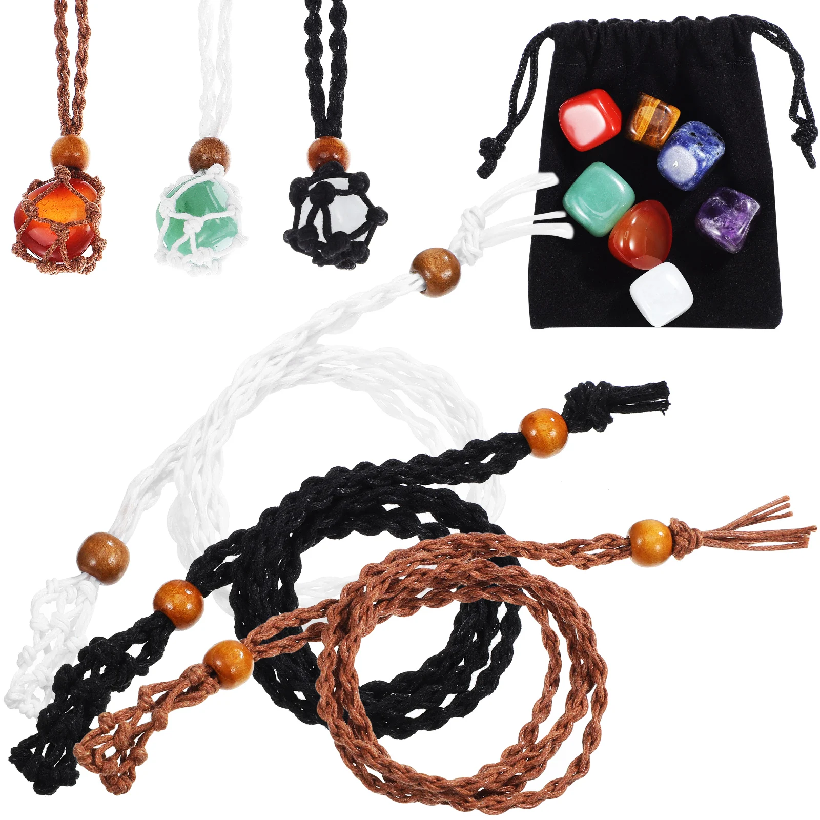 

1 set Crystal Necklace St Set Healing Stones Red Stone Wax Cord Black White Brown Adjustable DIY Retro Accessories