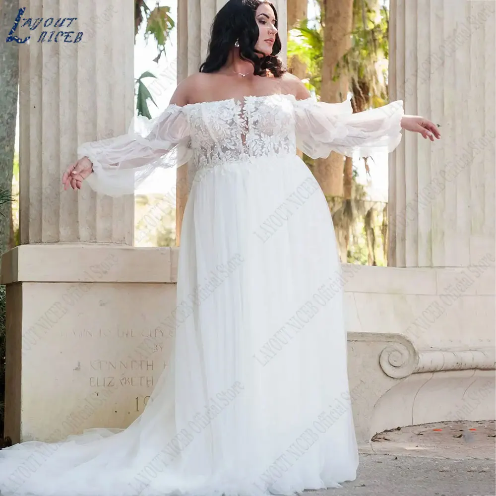 LAYOUT NICEB Boat Neck Plus Size Appliques Bride Gowns Three Quarter Puff Sleeves Wedding Dresses Back Zipper Tulle 2024 vestido