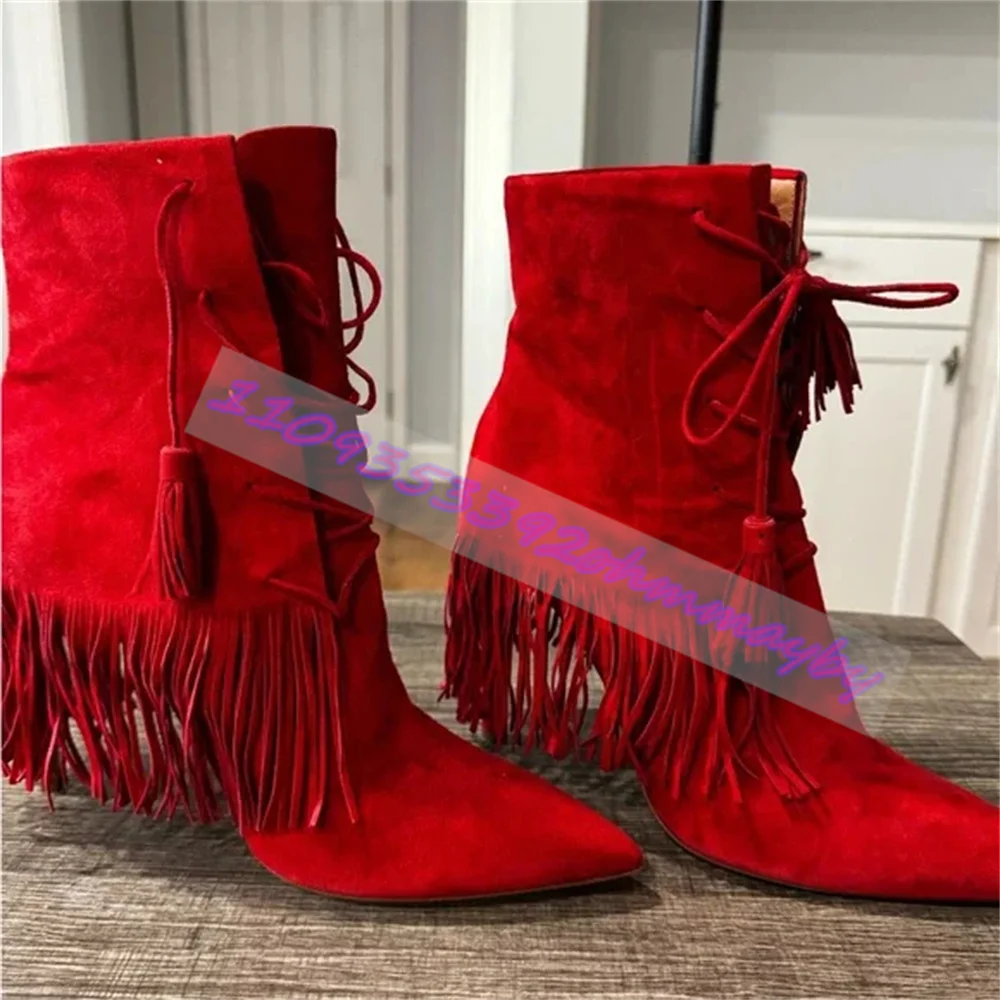 Women'S Red Suede Fringe Ankle Boots Pointed Toe Stiletto High Heel Lace-Up Tassel Detail Western Boho Party Winter Dress Shoes