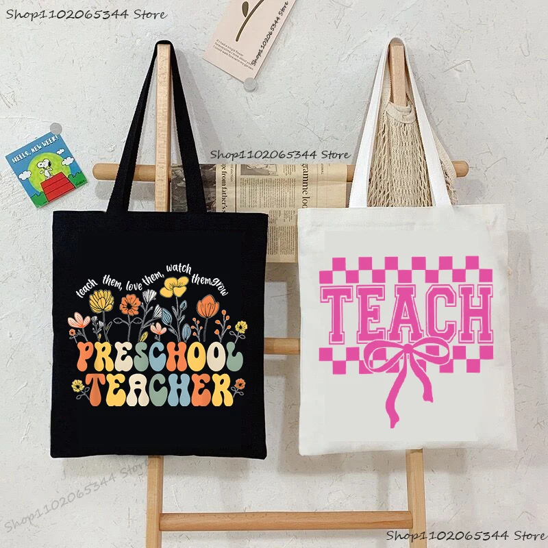 

"Teach Them Love Them Watch Them Grow" Flower Printed Women Canvas Shoulder Tote Bag Casual Fashion Shopping Bag Teacher Gifts
