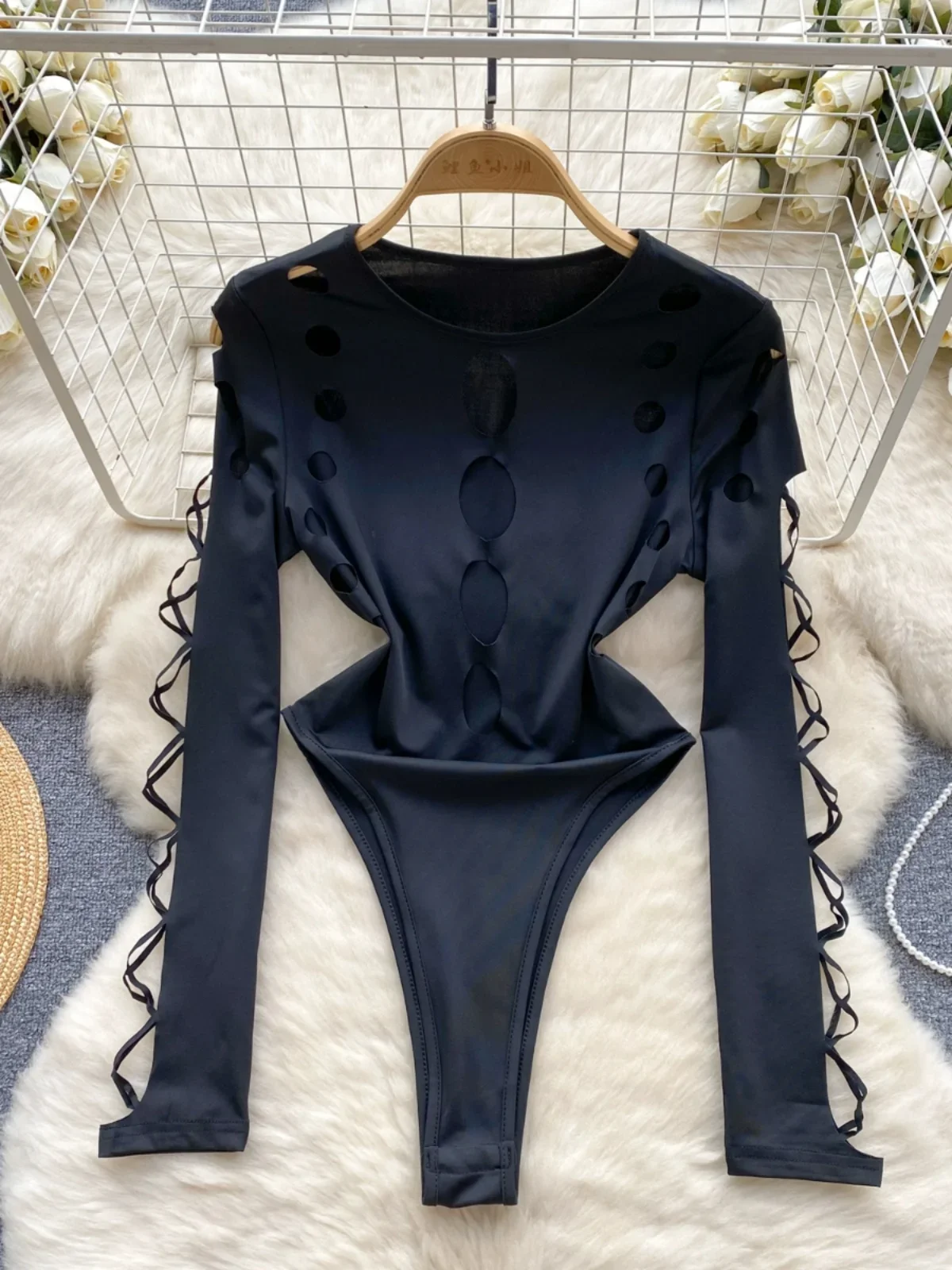 ssTss Fashion American Jumpsuit Female Hollowed Out Long Sleeve Slim Fit One Piece Top Girl's Sexy Base Shirt Bodysuit