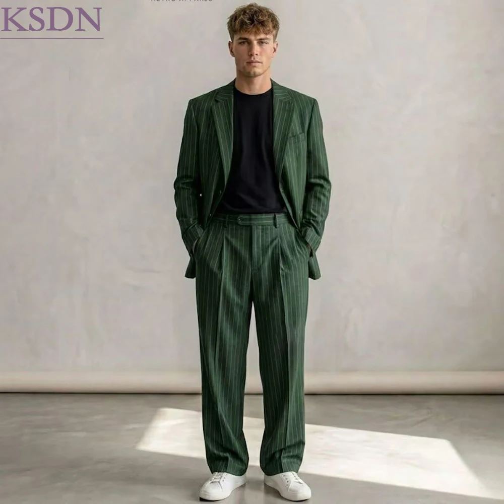 Fashion Stripe Men's Suits Formal Single Breasted Notch Lapel Blazer With Pleat Pants Sets Cutomized 2 Piece Costume Homme