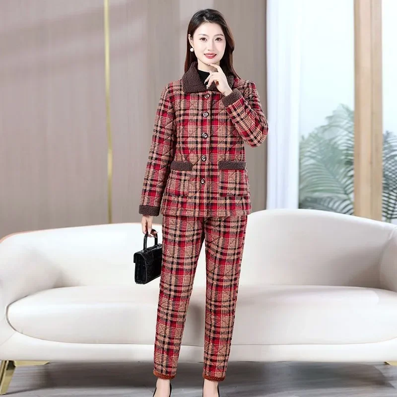 Winter  Plus Fleece Cotton-padded Trouser Suit Middle-aged Elderly Women\'s Loose Thick Warm Cotton-padded Suit Pajama Sets