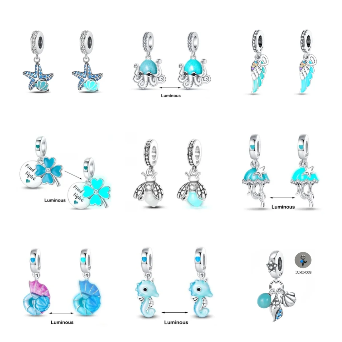 

Blue Luminous Series 925 Silver Firefly, Octopus, Jellyfish, Seahorse Pendant DIY Bracelet Necklace Women's Jewelry Accessories