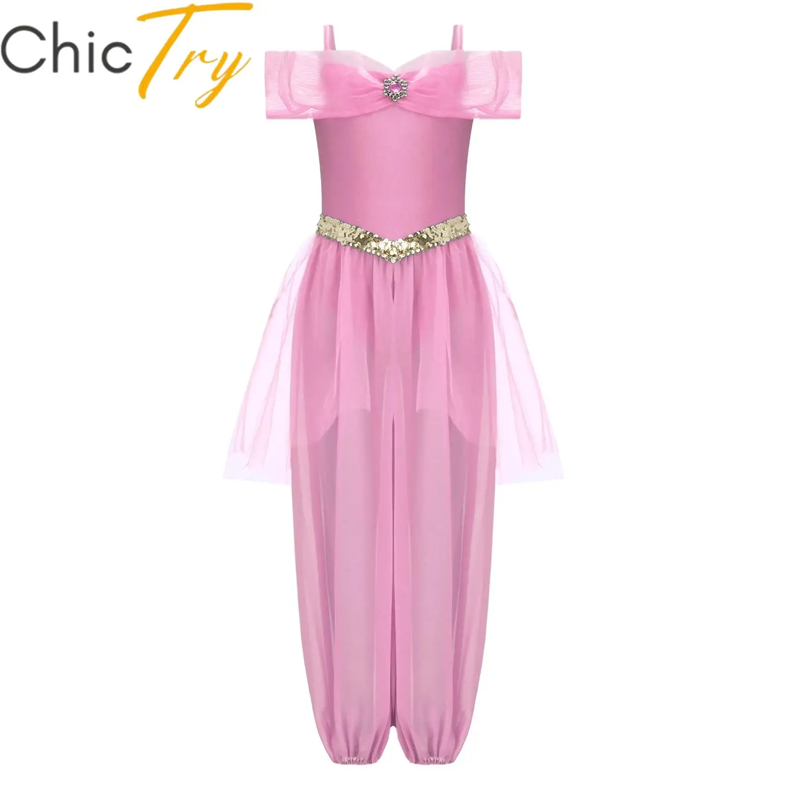 

Kids Girls Arabian Princess Costume Halloween Arab Cosplay Jumpsuit Rhinestone Sequins Long Pants Romper Carnival Party Dress Up