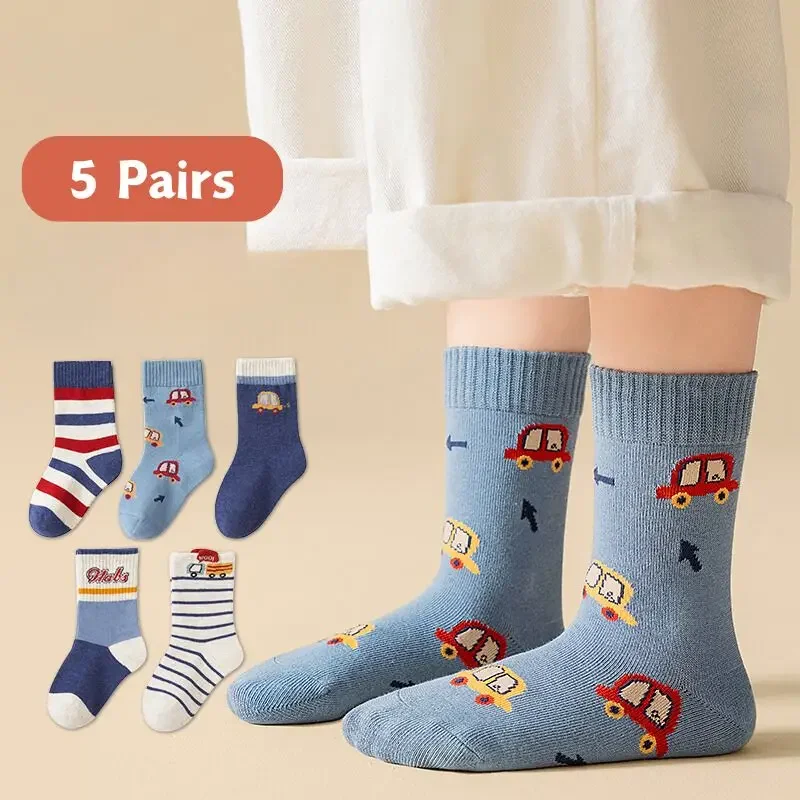 5Pair Thick Cotton Sock For Kids Stripe Middle Tube Socks Autumn Winter Baby Footwear Fashion Striped Boys Children Sports Sock