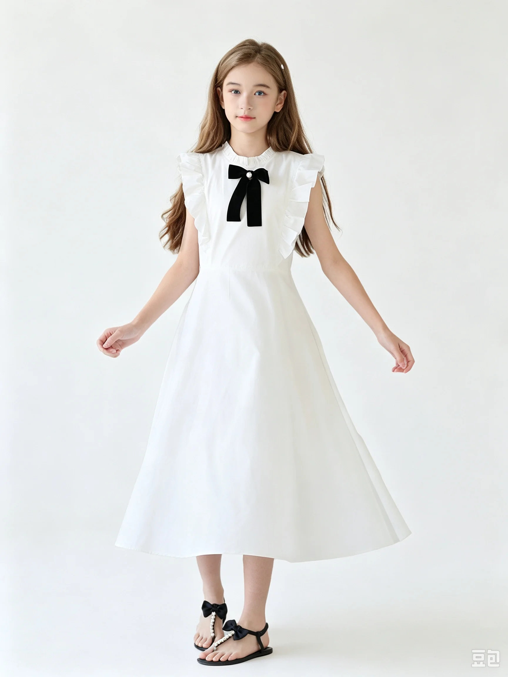 Elegant Girls White Ruffled Sleeve Dress with Pearl Bow Frill Stand Collar A-Line Midi Dress Summer Party School Daily Wear for
