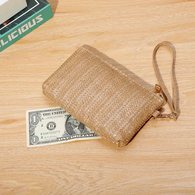 *Weaving Bag Fashion Ladies Wristlet Clutch Women Daily Money Phone Clutch Solid Straw Woven Coin Purse Beach Wallet Card Holder