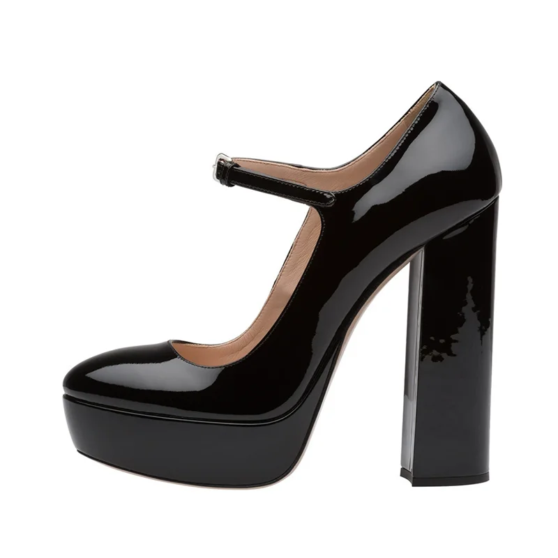 

Spring round toe shallow patent leather square heel waterproof platform shoes banquet large size thick high-heeled women's shoes