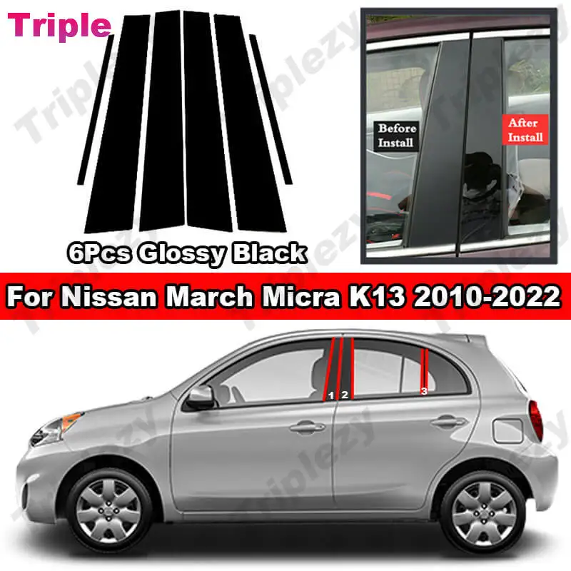 6Pcs Glossy Black PC Material Window Column Car Door Center B C Pillar Post Cover Trim For Nissan March Micra K13 2010-2022