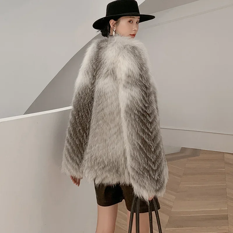 (Fox Beauty) New Light Luxury Style Fox Hair Car Strips Leather Coat for Women's Youth