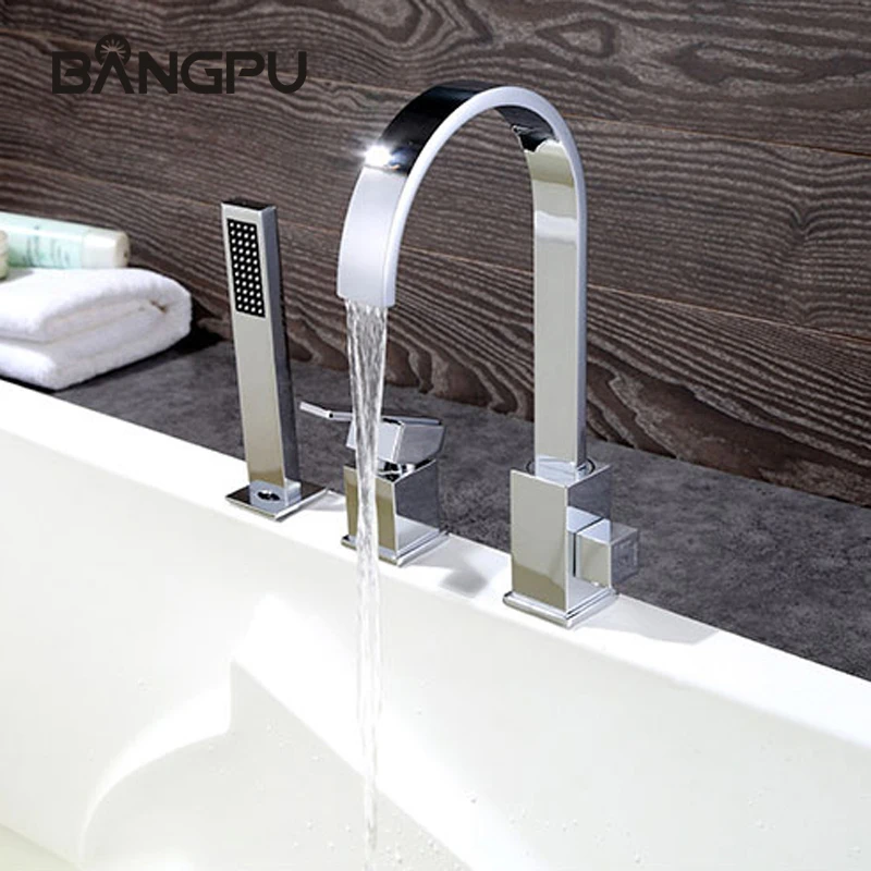 

Deck Mount 3 Hole Waterfall Tub Faucet Kit with Handheld Shower Modern Bathroom Bathtub Faucet Set with Hand Shower Chrome