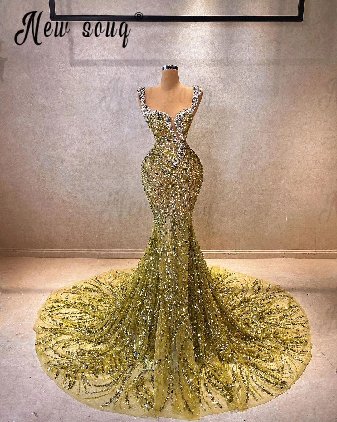 Crystals Spaghetti Strap Sage Green Cocktail Dress Arabic Long Mermaid Formal Dress Gown Women Birthday Event Dress Customize