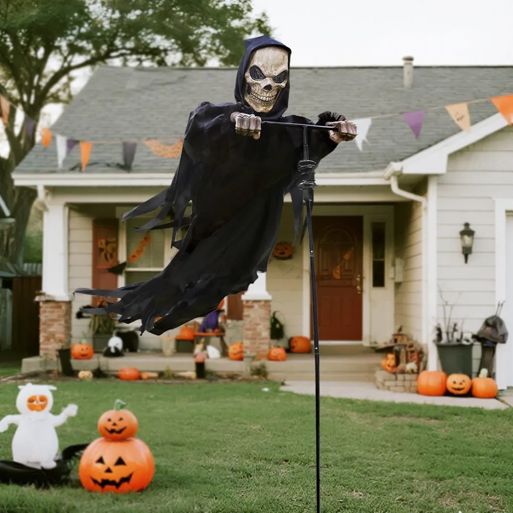 Outdoor Halloween Skeleton Decorations: 7.8 Ft Tall Flying Skull Reaper with Ghost and Scarecrow for Garden and Porch