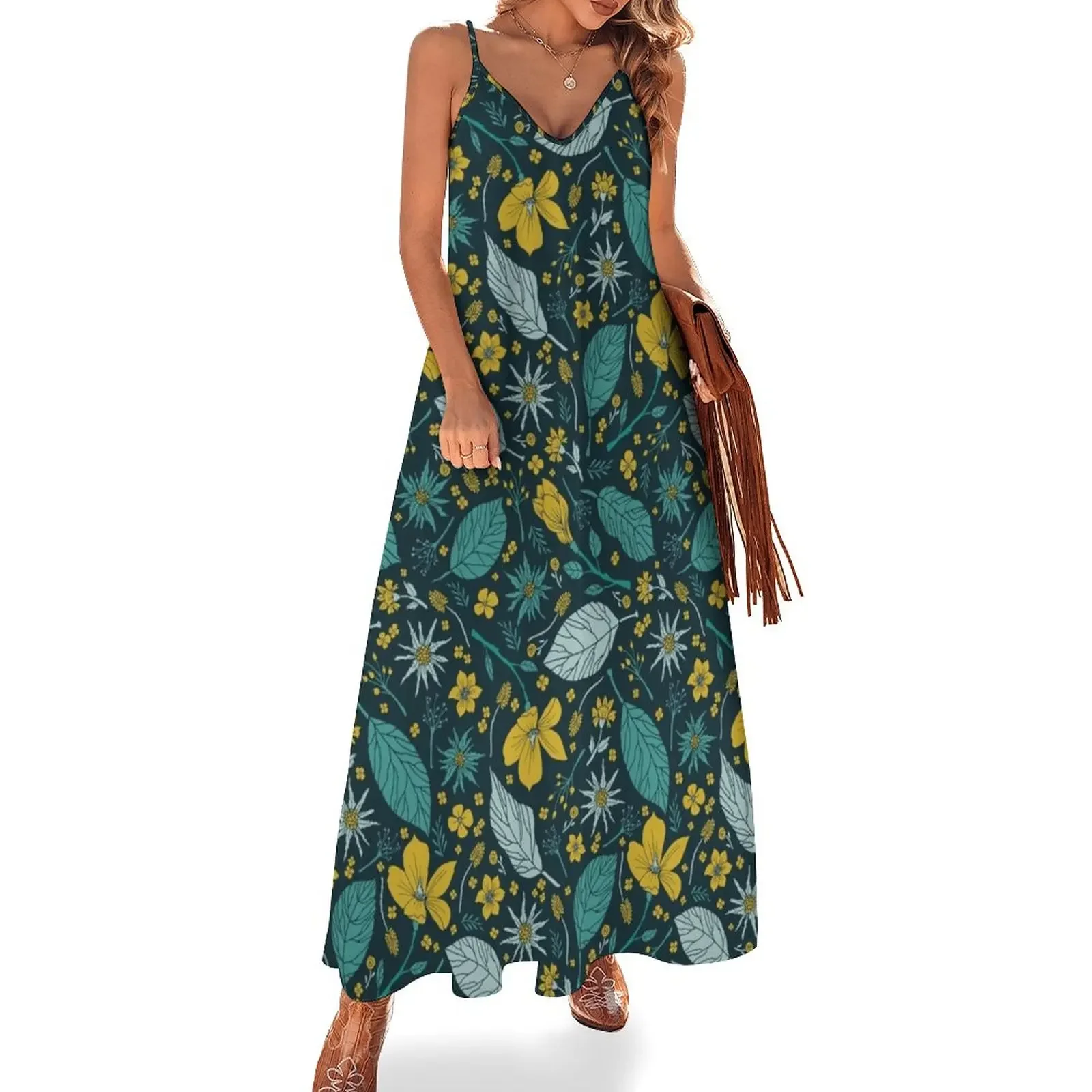 

Teal & Mustard Yellow Flower Pattern Sleeveless Dress ladies dresses for special occasion evening dress women