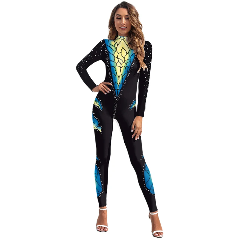 Zawaland Women Zentai Halloween Cosplay 3D Printed Carnival Long Sleeve Catsuit Jumpsuit Adult Costumes Female Bodysuit