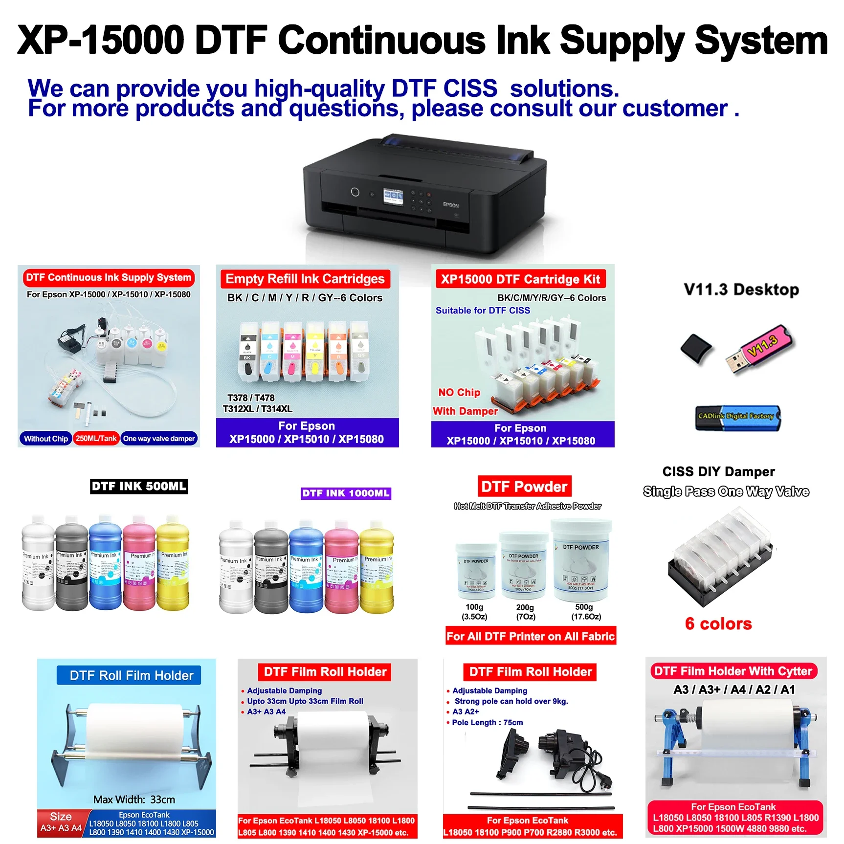 XP-15000 250ml dtf ciss para epson para epson XP-15010 XP-15080 xp 15000 dtf com misturador agitador tanque de tinta em massa fonte adaptador alimentação