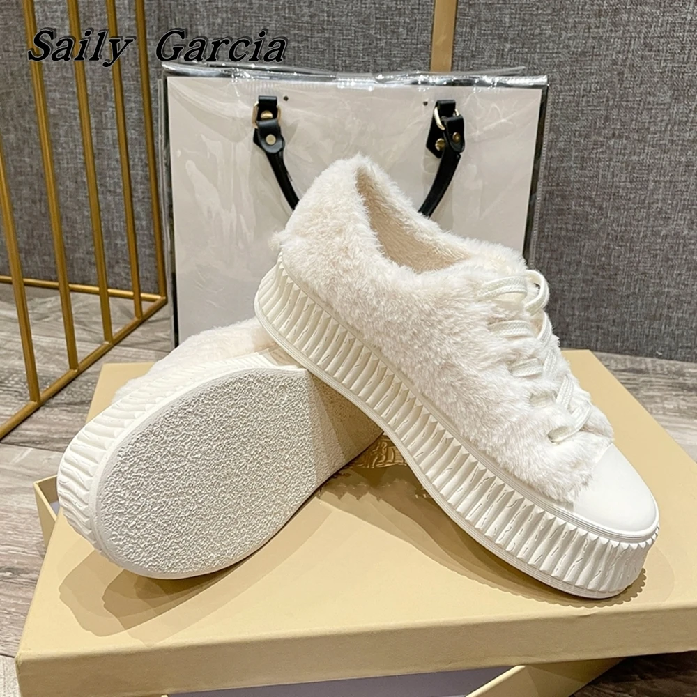 Zapatos planos con cordones de felpa corta para mujer, zapatos vulcanizados de suela gruesa impermeables de punta redonda, zapatos casuales sólidos para invierno, nuevo