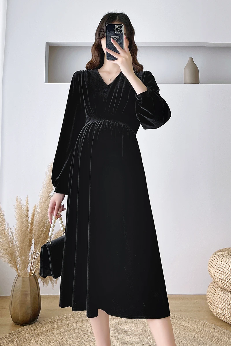 New Winter Soft Lurex Maternity Mother Long Dress Sweet Elegant Ins A Line Clothes for Pregnant Women