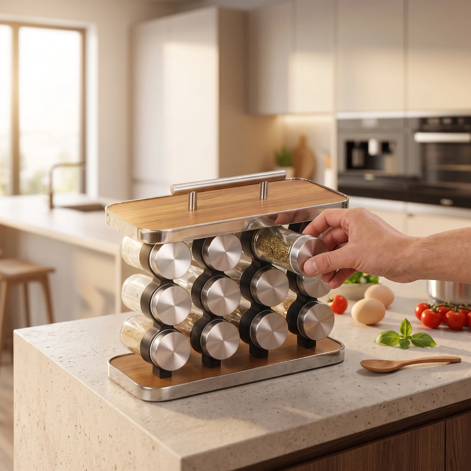 Seasoning Rack with 12 Jars Wood-Grain Seasoning Storage Rack with Handle Seasoning Bottle Set Compact Space-Saving