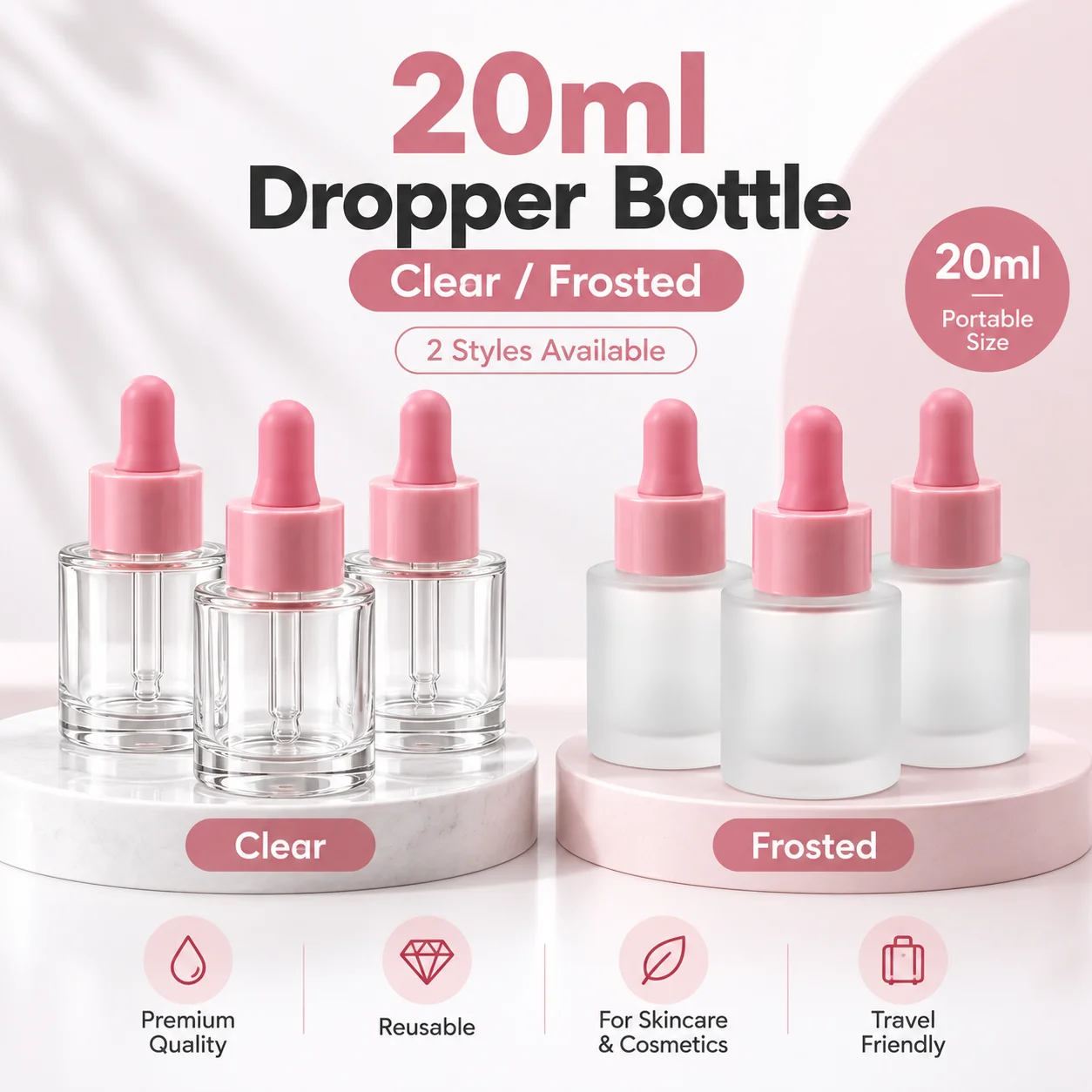 264PCS 20ml Clear Frosted Glass Dropper Bottles Pink Cap Serum Essential Oil Face Oil Skincare Cosmetic Packaging Empty Bottles