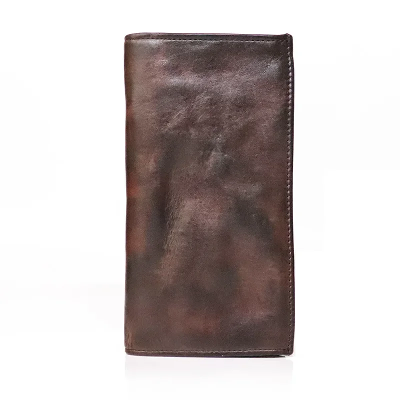 Vintage Wallet Top Layer Cowhide Vegetable Tanned Leather Handmade Old Fold Long Wallet Men\'s Multi Card Wallet Handheld Bag