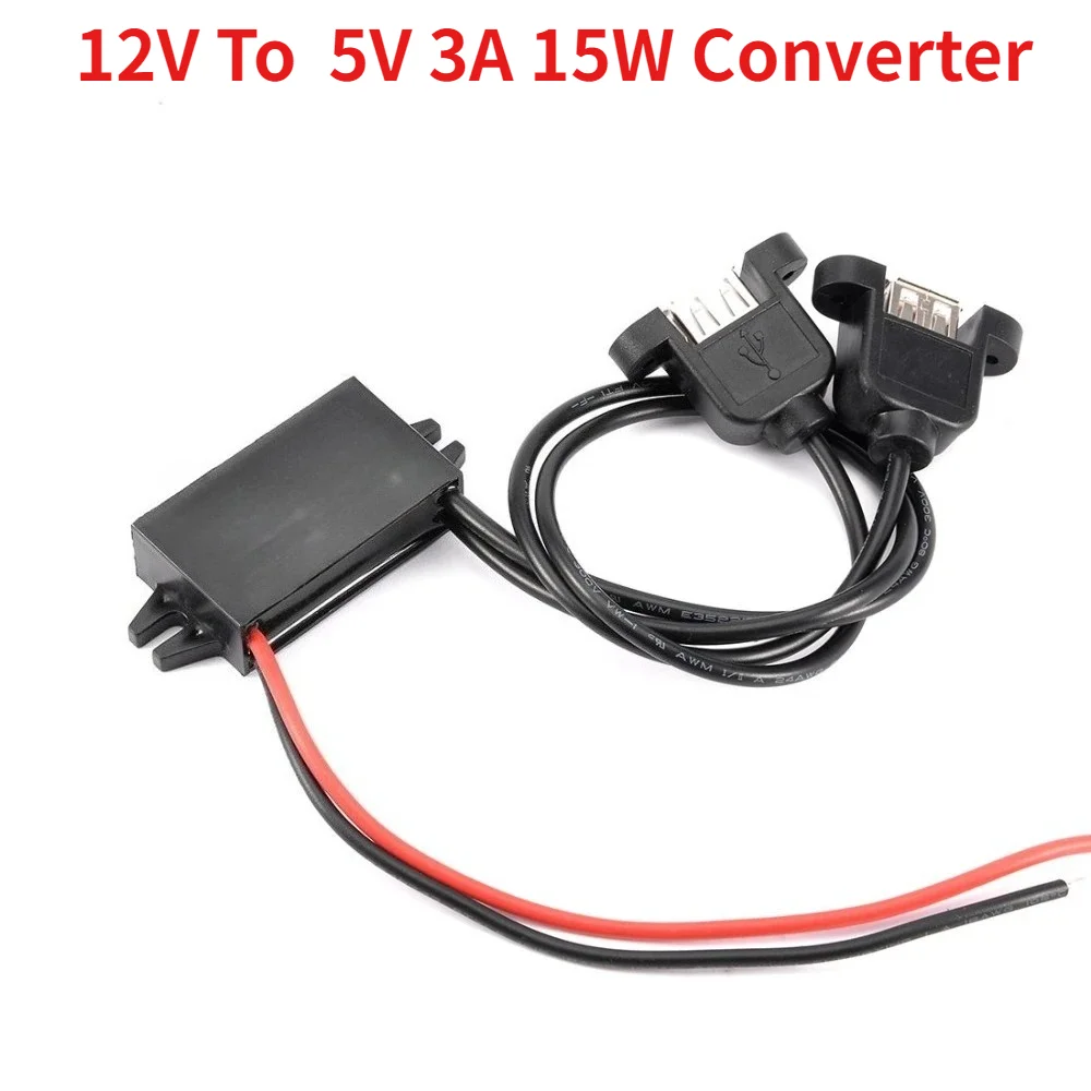 Buck Power Converter Regulator DC 12V To DC 5V 3A 15W Waterproof Voltage Convert Transformer 2 USB Connector Cable Car Charger