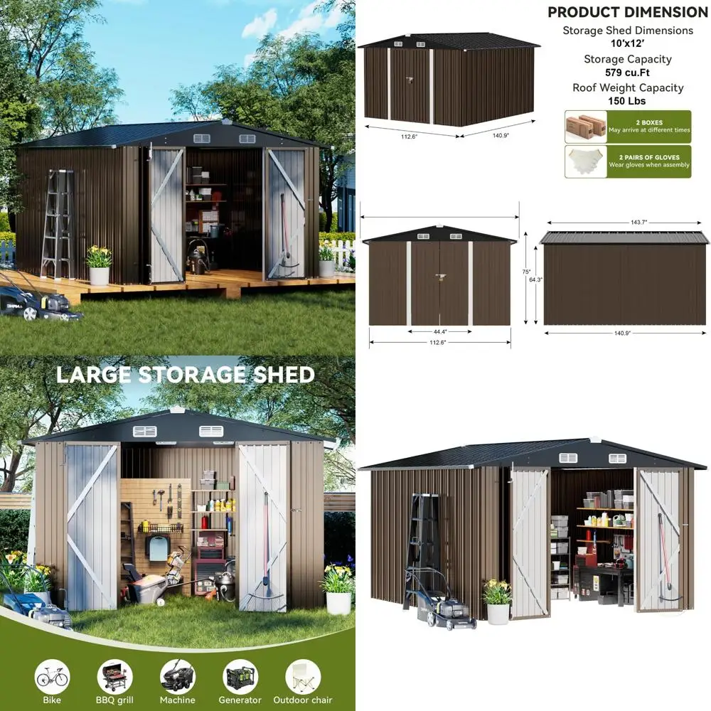 

Металлический навес для наружного хранения с запираемыми дверцами, наклонной крышей, вентиляционным отверстием, идеально подходит для заднего двора и садовых инструментов