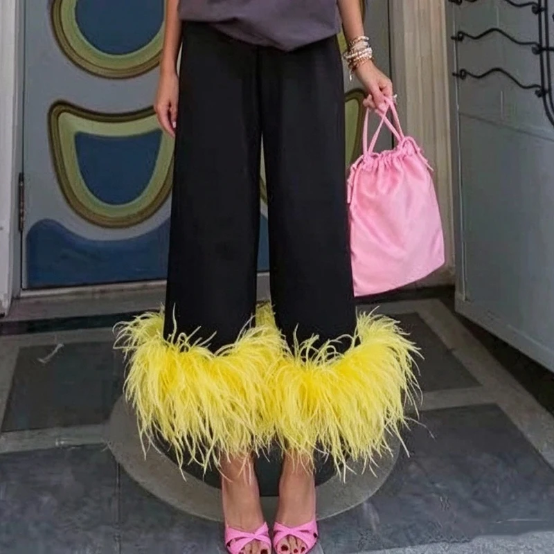 Elegant Lady Loose Straight Pants High Street Women's Casual Party Long Pants Fashion Contrast Color High Waist Feather Trousers