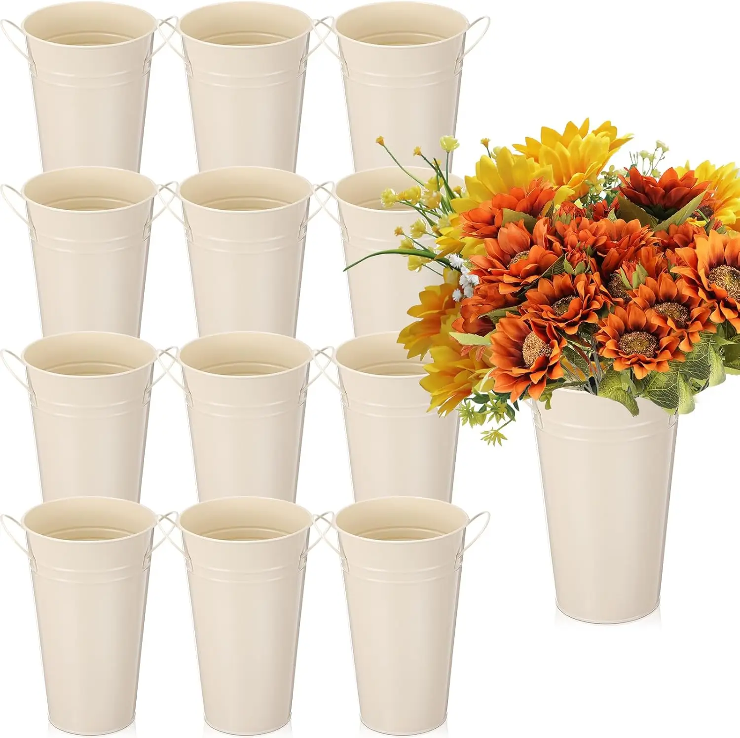

12 Pcs Galvanized Flower Buckets 9 Inch Metal Vase Farmhouse Rustic French Style with Handles for Home Wedding Table Decor