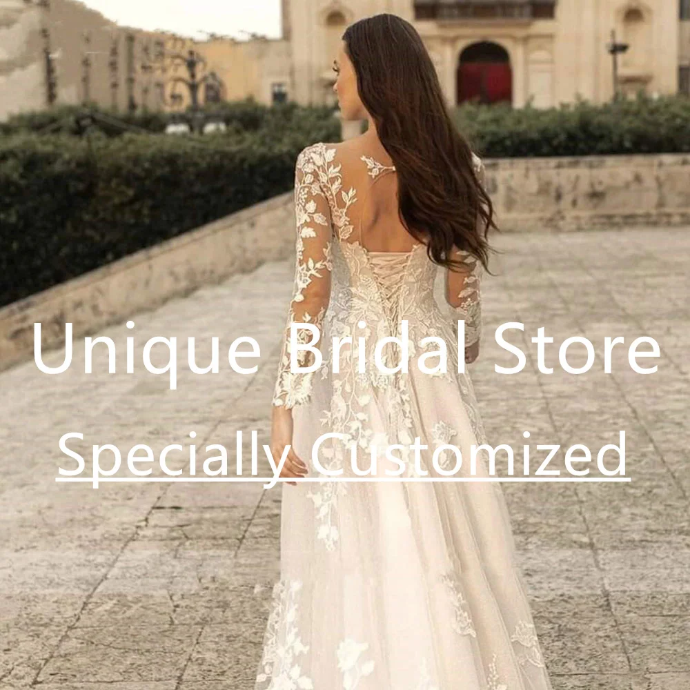 Personalizado querida clássico a linha vestido de casamento trem varredura rendas sem costas manga longa apliques sexy rendas vestidos de noiva bri