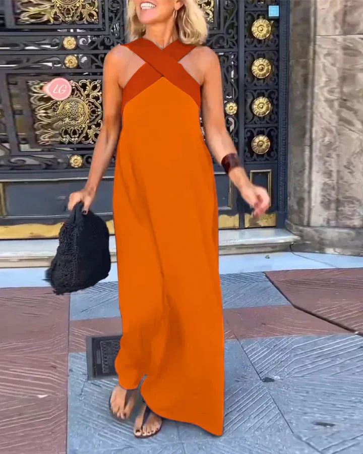 

Fashion Sleeveless Cross Suspender Dress For Women Summer Elegant Vacation Style Contrast Color Casual Holiday Dresses Female