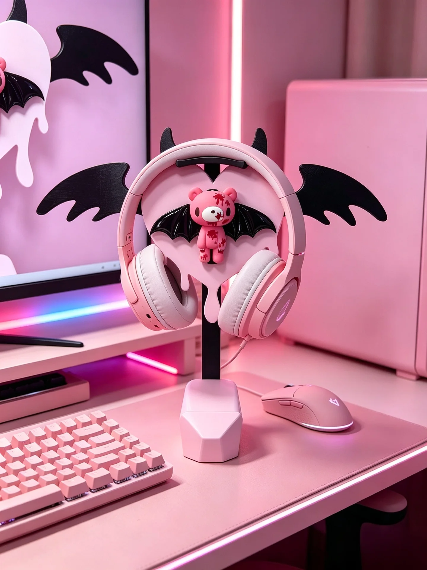 Gothic Cute Devil Bear Headphone Stand Pink Dripping Heart Horn Bat Wing Desk Holder for Room Decor Halloween Birthday Gift