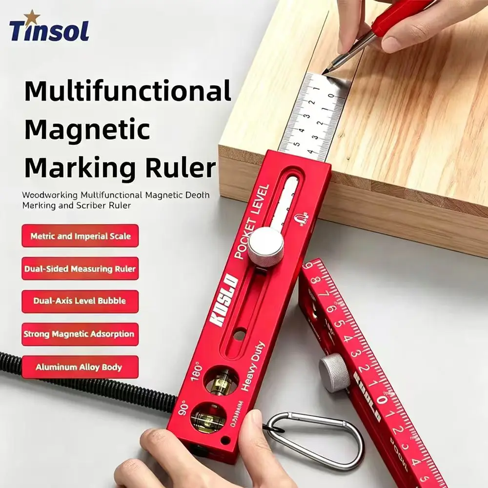 TINSOL Multi-Function Magnetic Ruler Aluminum Alloy Ruler with Level Markings Metric and Imperial Woodworking Marking Ruler