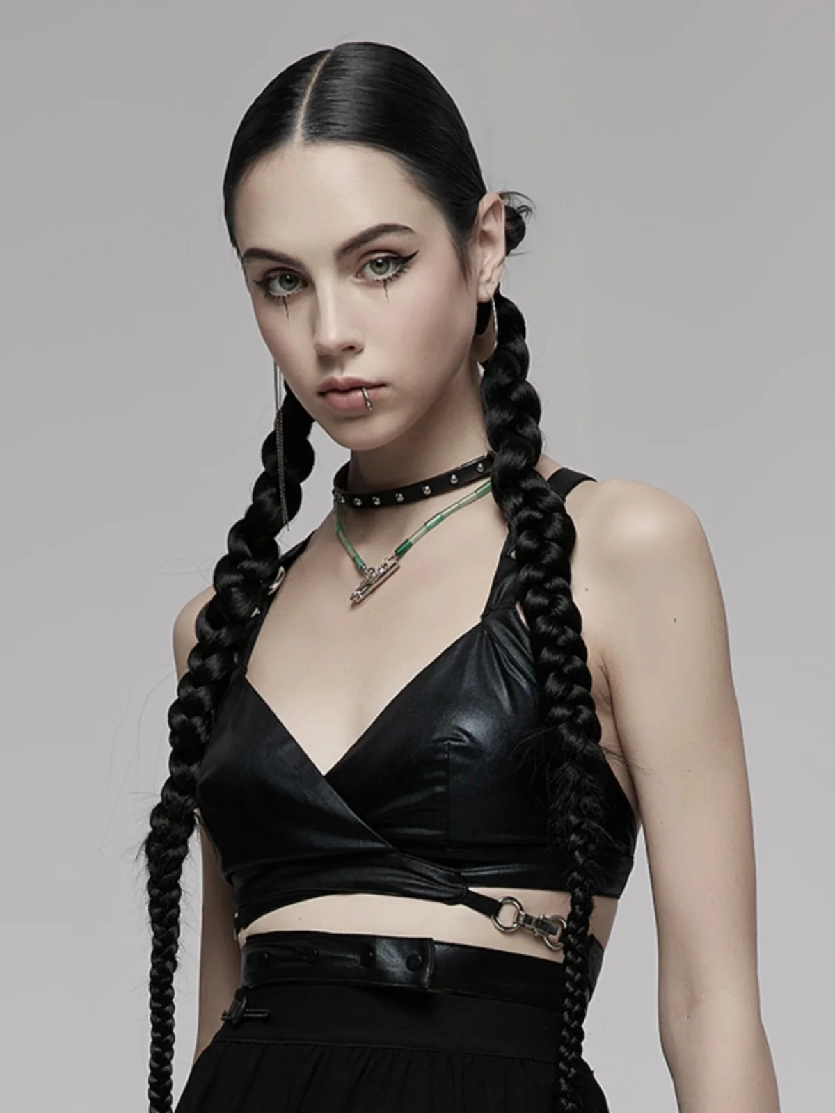 PUNKRAVE Elastic Cross Strap Vest Women's Summer Outdoor Wear Sexy Faux Leather Low Chest Hollow out Short Top
