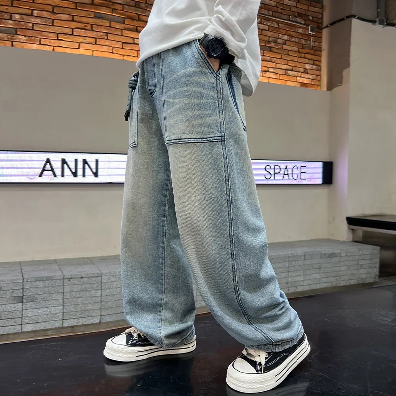 

UNITIM Kids Baby Girls Jenas Spring Streetwear Toddler Boys Demin Pant Elastic Waist Newborn Boys Straight Leg Pant Trouser