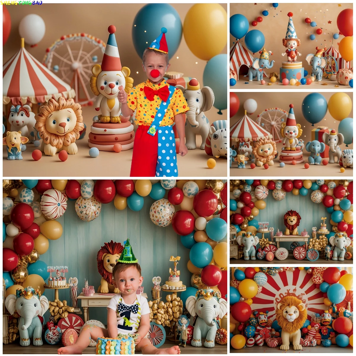 Circus Carnival Birthday Decoration Photography Backdrop Colorful Balloons Lion Tiger Elephant Clown Kids Portrait Background
