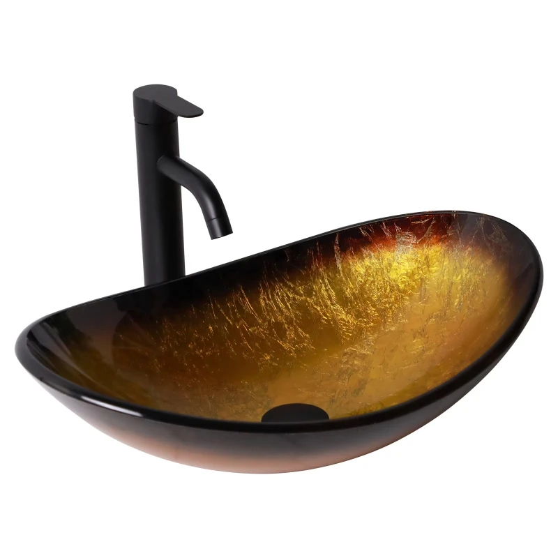 

Bathroom Boat Shape Art Terrarium Sink Oil Free Friction Bronze Faucet & Pop Up Drain, Gold Glass Sink