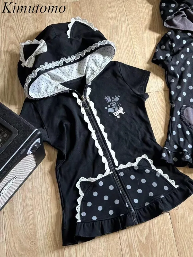 

Kimutomo Jackets Women Sweet Polka Dor Cat Ear Hooded Short Sleeve Zipper Lace Patchwork Japanese Style Tops Female Y2k Harajuku