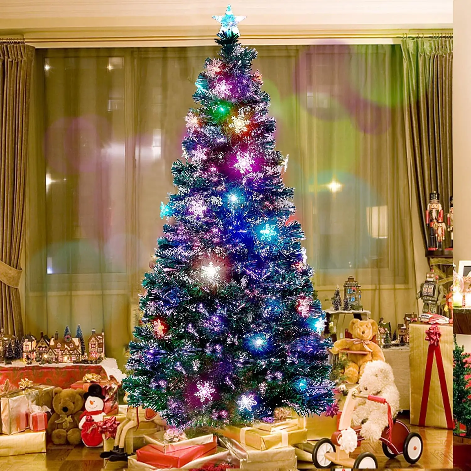 7 ft Pre-Lit Optical Fiber Christmas Artificial Tree, with LED RGB Color Changing Led Lights, Snowflakes and Top Star, Festive P