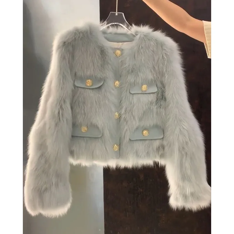 Nepbontjassen Dames Bontjassen Effen Zak V-hals Lange mouw Single Breasted Dik Warm Bont Los Casual 2025, Herfst Winter