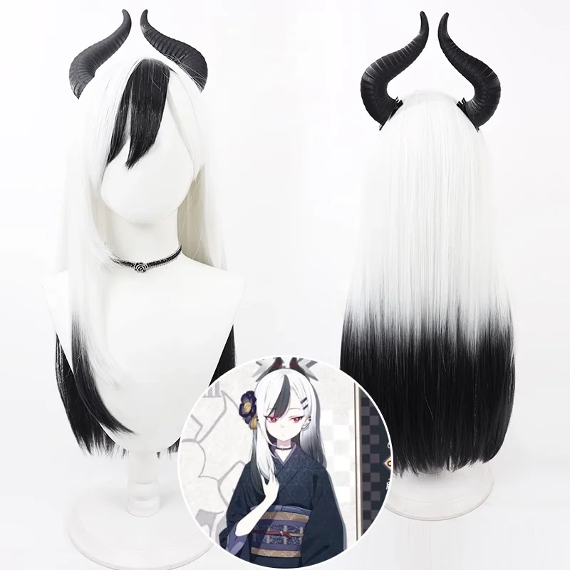 Blue Archive Onikata Kayoko Cosplay Wig 70cm Long Black White Synthetic Hair Heat Resistant Halloween Role Play + Free Wig Cap