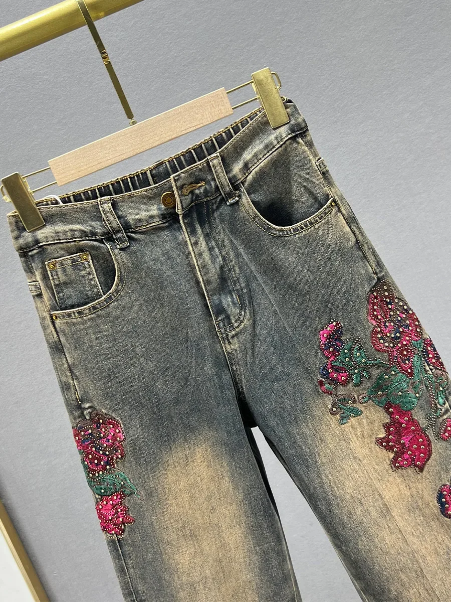 Hete Diamant Denim Broek Met Rechte Pijpen Voor Dames 2024 Nieuwe Losse Broek Met Hoge Taille En Losse Etnische Stijl Geborduurde Vloerdweilbroeken