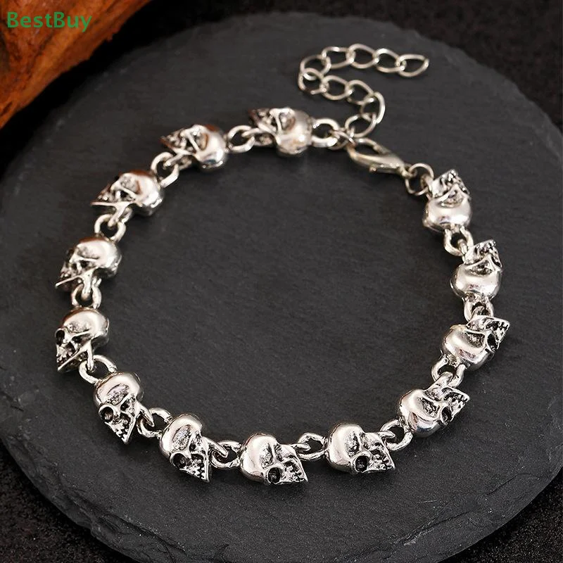 

Retro Gothic Skeleton Head Beaded Alloy Bracelet For Women Men Punk Hip Hop Rock Cool Bracelet Jewelry Accessories Gifts