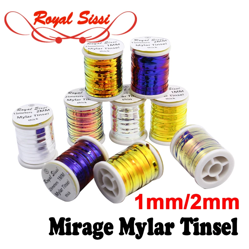 RoyalSissi 1 pièce 1mm/2mm Mirage Flat Mylar Tinsel Flashabou bicolore pour la fabrication de nymphes, les flashbacks et l'enroulement des tiges de hameçons, matériel de montage de mouches